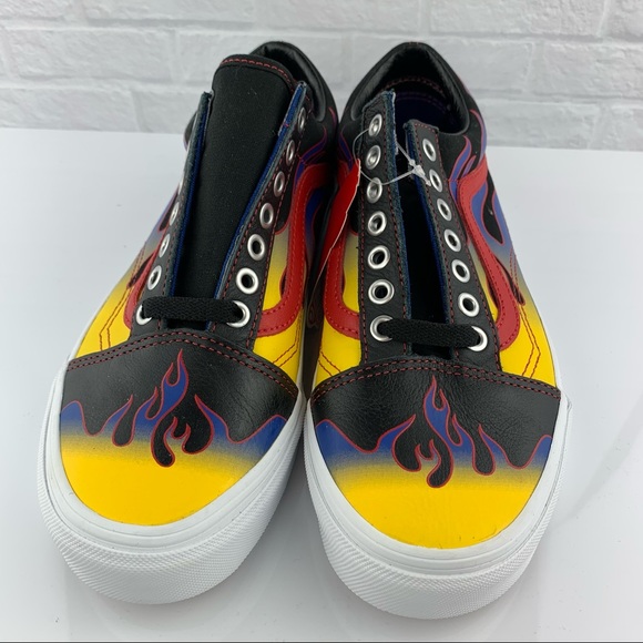 NEW! Vans Old Skool Racer Blk/Red Blue Flame Leather Shoes - Picture 7 of 16